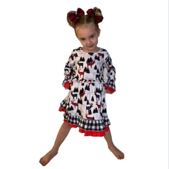 58. Girls Toddler Kids Christmas Moose Dress - Picture 3 of 3